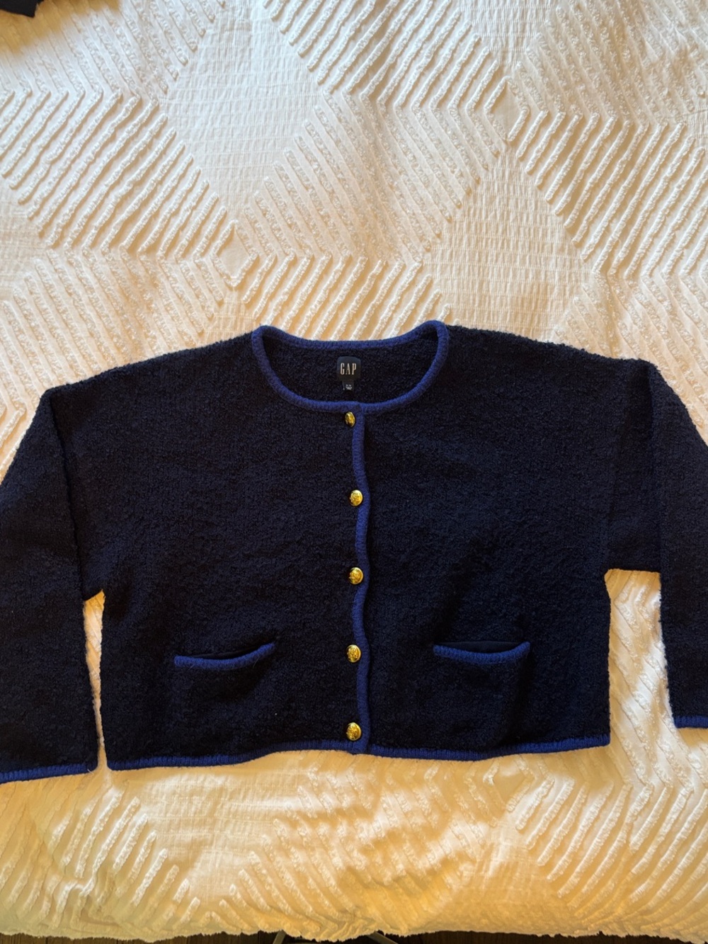 GAP Navy Cropped Knit Cardigan with Blue Trim and Gold Buttons